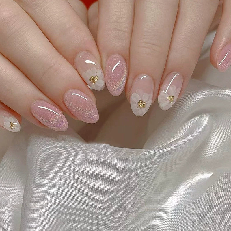 N-376 - Pink Flower & Shiny - Press On Nail Set Of 24 - Free 24 Pcs Sticker Sheet Included
