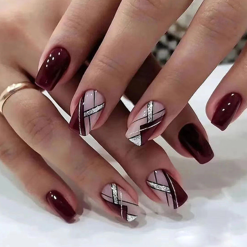 N-400 - Fancy Maroon & Pink - Press On Nail Set Of 24 - Free 24 Pcs Sticker Sheet Included
