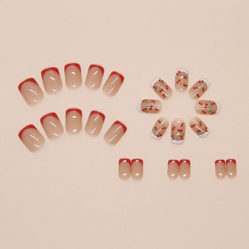 N-502 - Red Cherry Fruit - Press On Nail Set Of 24 - Free 24 Pcs Sticker Sheet Included