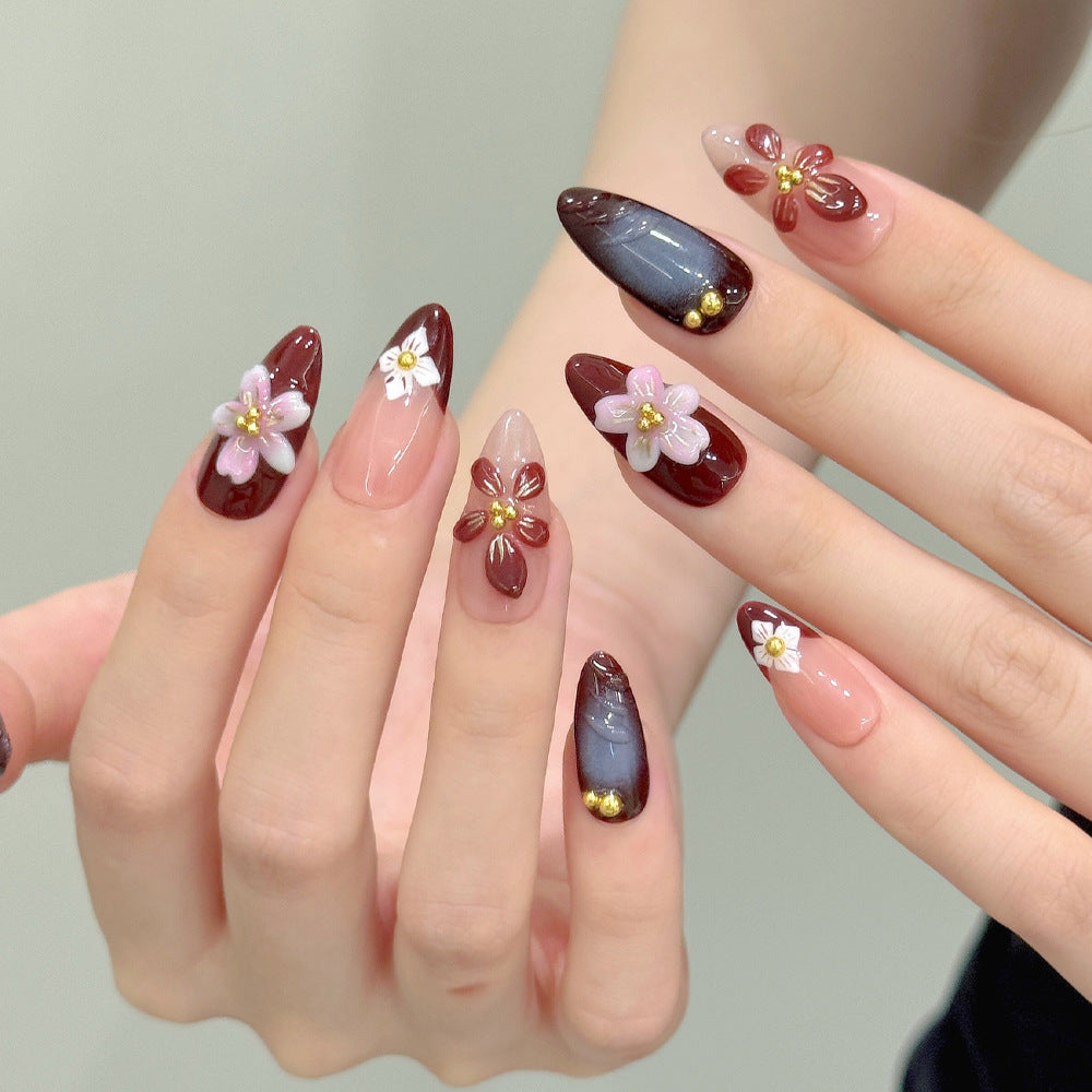 N-336 - Sakura Flowers - Press On Nail Set Of 24 - Free 24 Pcs Sticker Sheet Included