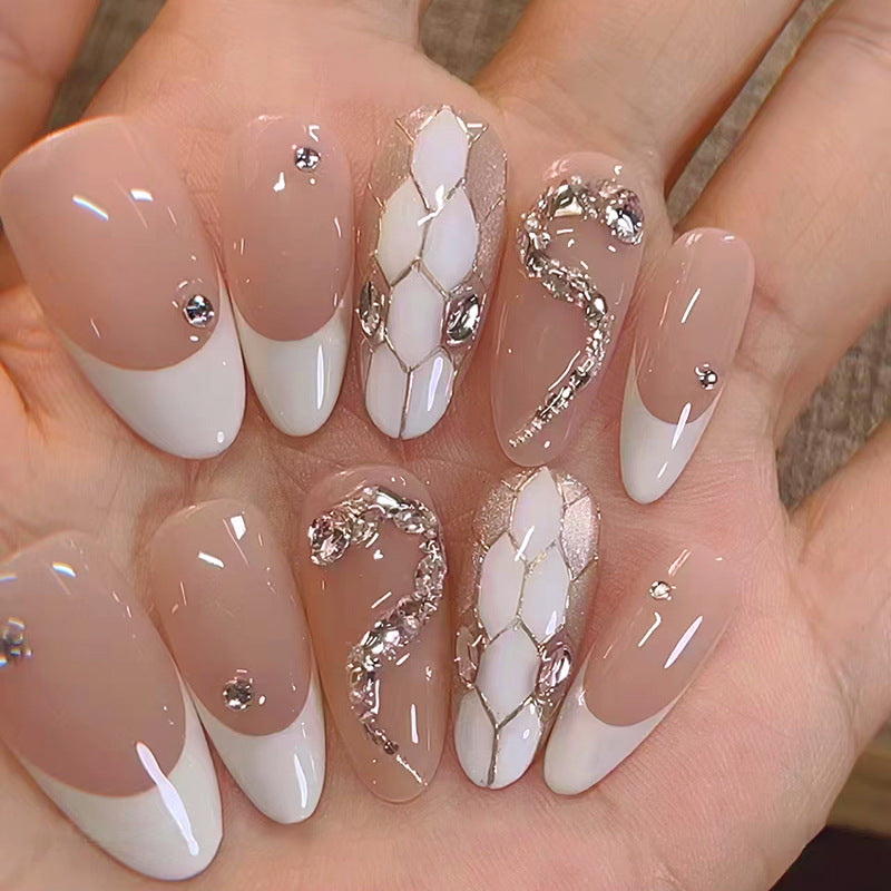 N-498 - Flash Diamond Snake Print - Press On Nail Set Of 24 - Free 24 Pcs Sticker Sheet Included
