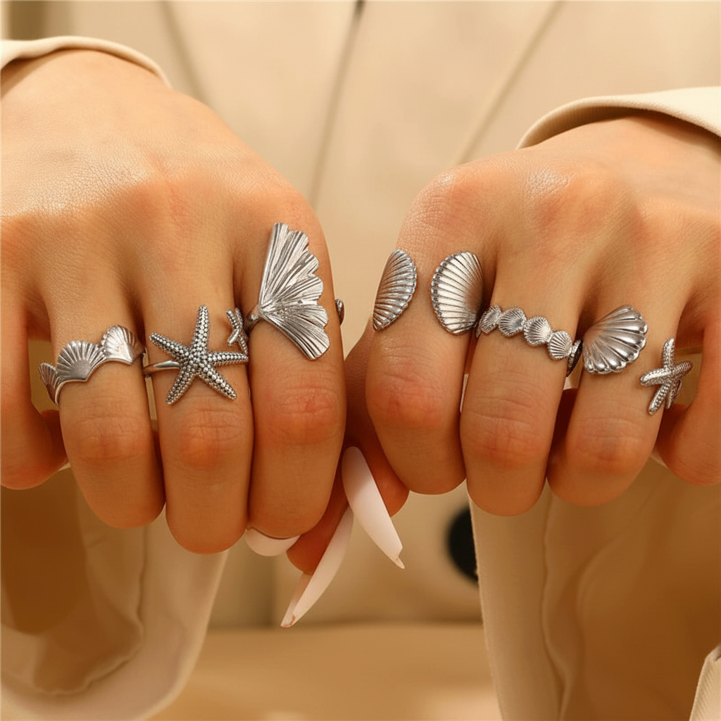 UNI-12678 - Sea Shell & Star Fish Silver - Ring Set Of 6