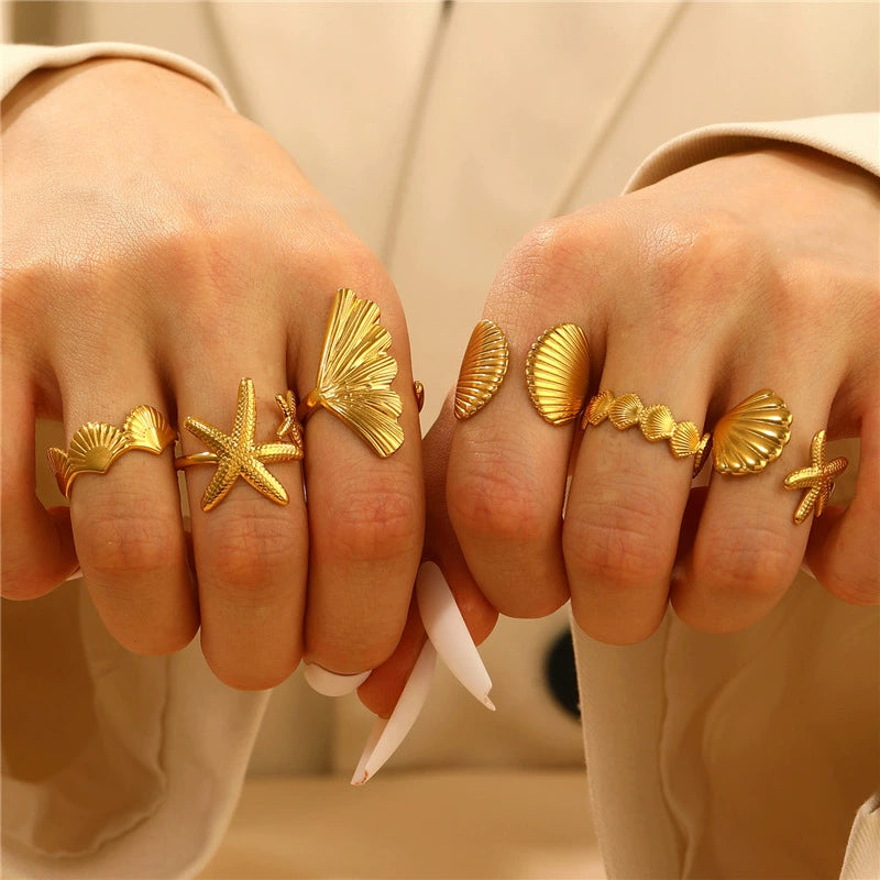 UNI-12677 - Sea Shell & Star Fish Gold - Ring Set of 6