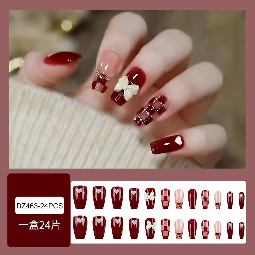 N-327 - Fancy Bow Red Shiny - Press On Nail Set Of 24 - Free 24 Pcs Sticker Sheet Included