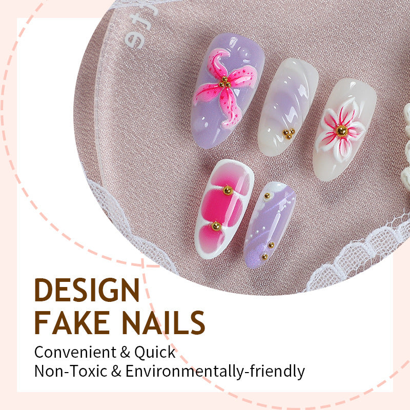 N-380 - Pink Flower - Press On Nail Set Of 30 - Free 24 Pcs Sticker Sheet Included