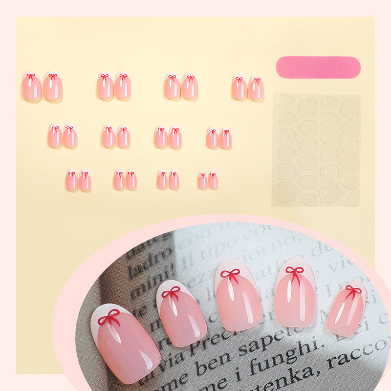 N-208 - Bow Pink - Press On Nail Set Of 24 - Free Nail Kit Included