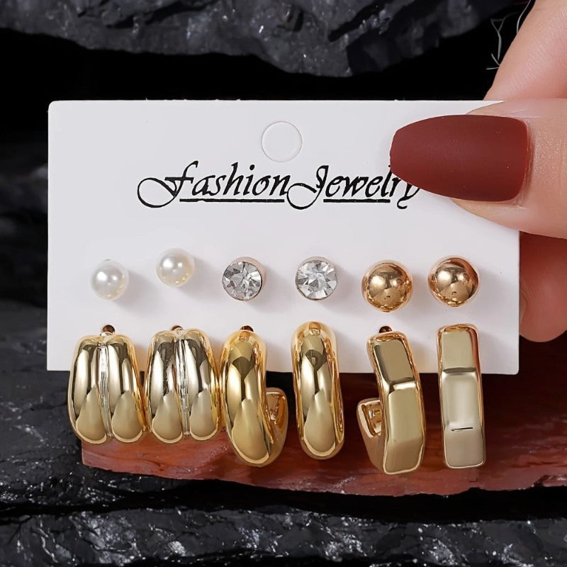 UNI-12044 - Classy Diamond & Gold Foil Series Hoop - Earrings Set Style 4