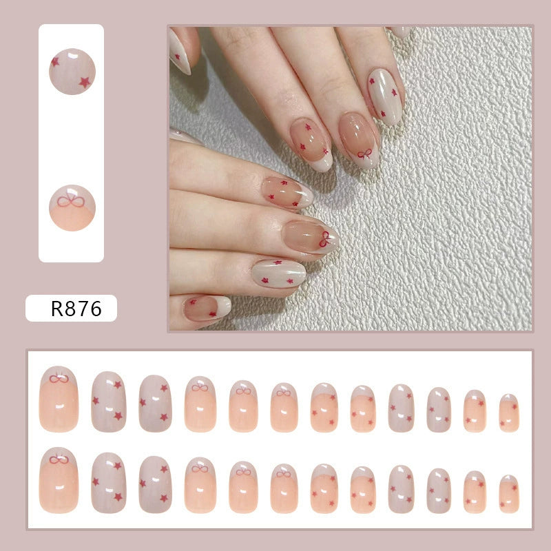 N-367 - Red Bow & Stars - Print Press On Nail Set Of 24 - Free 24 Pcs Sticker Sheet Included