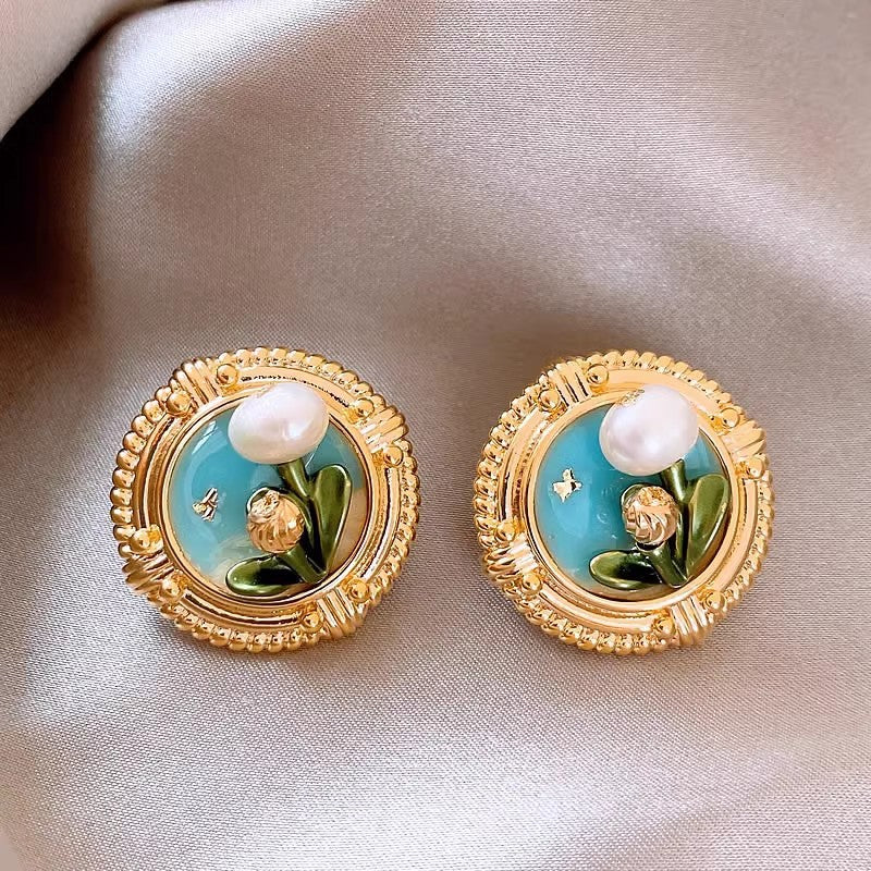 UNI-12059 - Luxury Oil Painting Monet Garden Gold - Earring