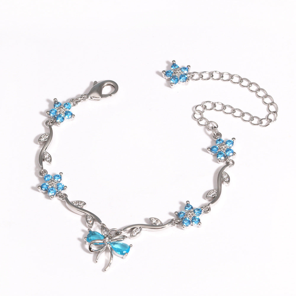 UNI-12213 - Blue Diamond Bow & Flowers Silver - Bracelet