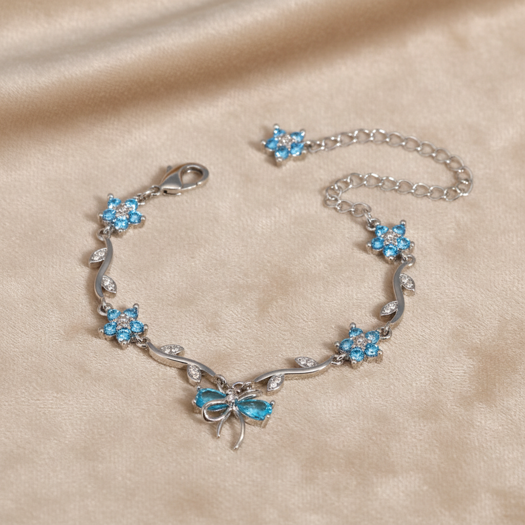 UNI-12213 - Blue Diamond Bow & Flowers Silver - Bracelet
