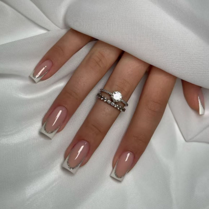 N-374 - French Silver Foiled - Press On Nail Set Of 24 - Free 24 Pcs Sticker Sheet Included