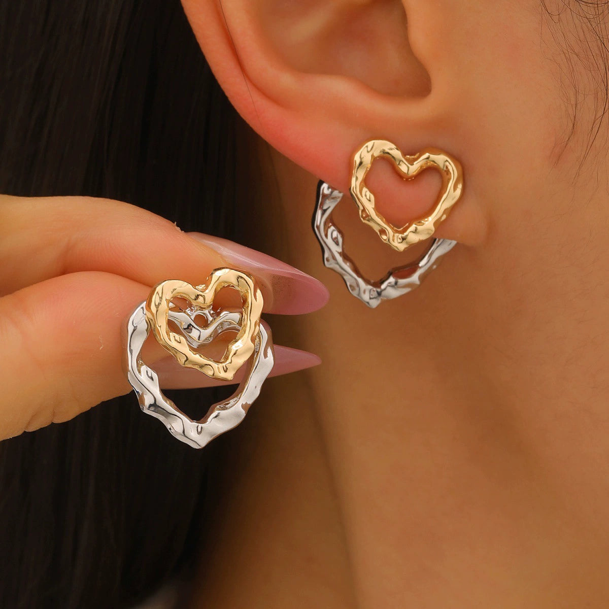 UNI-12705 - Gold & Silver Foiled Heart - Earring