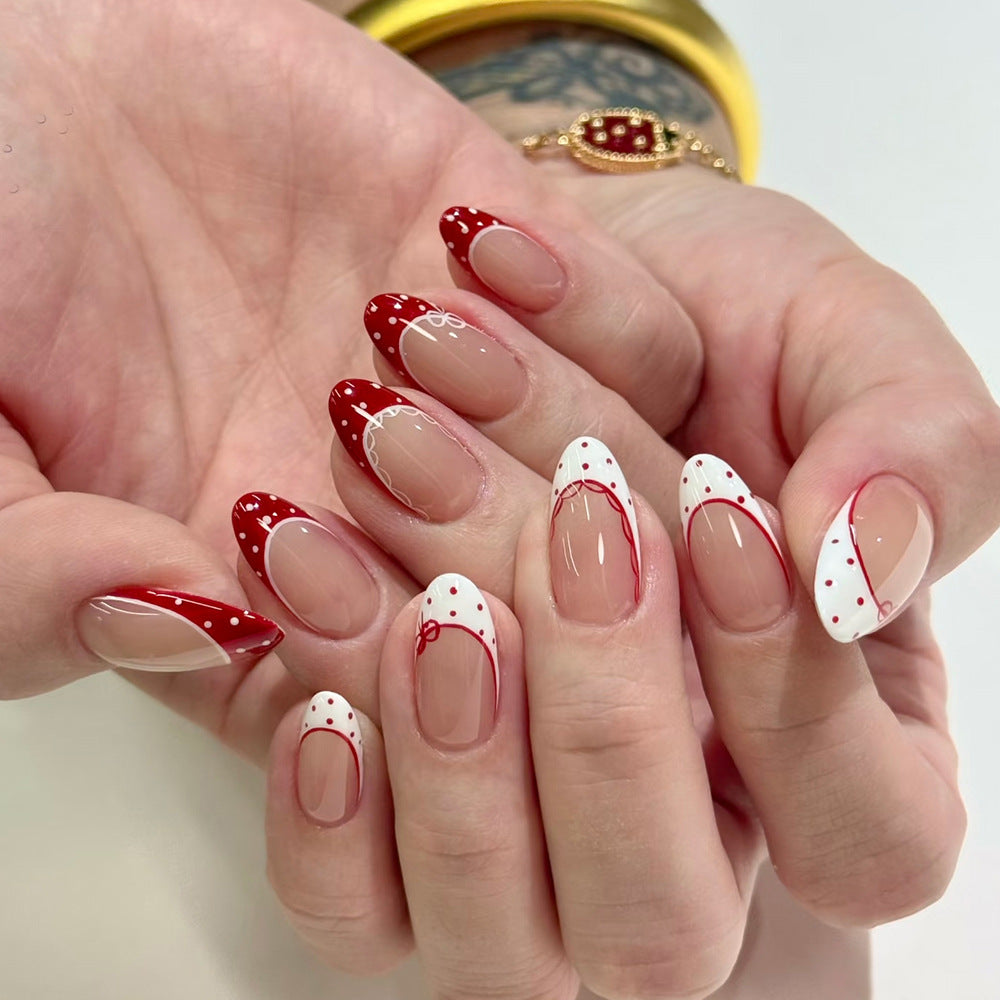 N-335 - Polka Dot Red & WHite - Press On Nail Set Of 24 - Free 24 Pcs Sticker Sheet Included