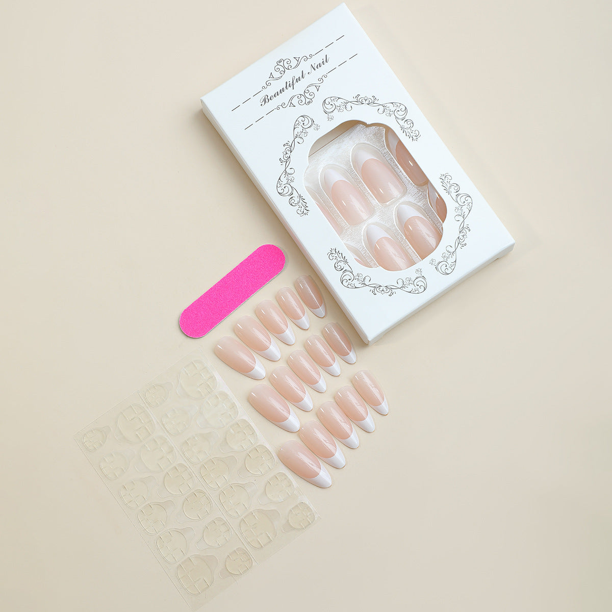 N-218 - Light Peach & White - Press On Nail Set Of 24 - Free Nail Kit Included