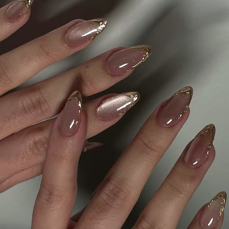 N-282 - Pinkish Gold Foil - Press On Nail Set Of 24 - Free 24 Pcs Sticker Sheet Included