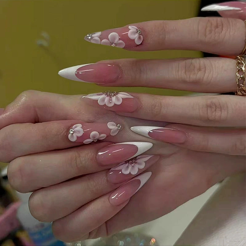 N-508 - White Flower Diamond Pink - Press On Nail Set Of 24 - Free 24 Pcs Sticker Sheet Included