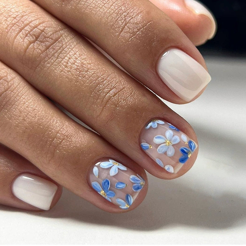N-459 - Blue Flowers - Press On Nail Set Of 24 - Free 24 Pcs Sticker Sheet Included