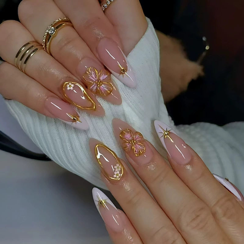 N-368 - Gold Foil Flower Peach - Press On Nail Set Of 24 - Free 24 Pcs Sticker Sheet Included
