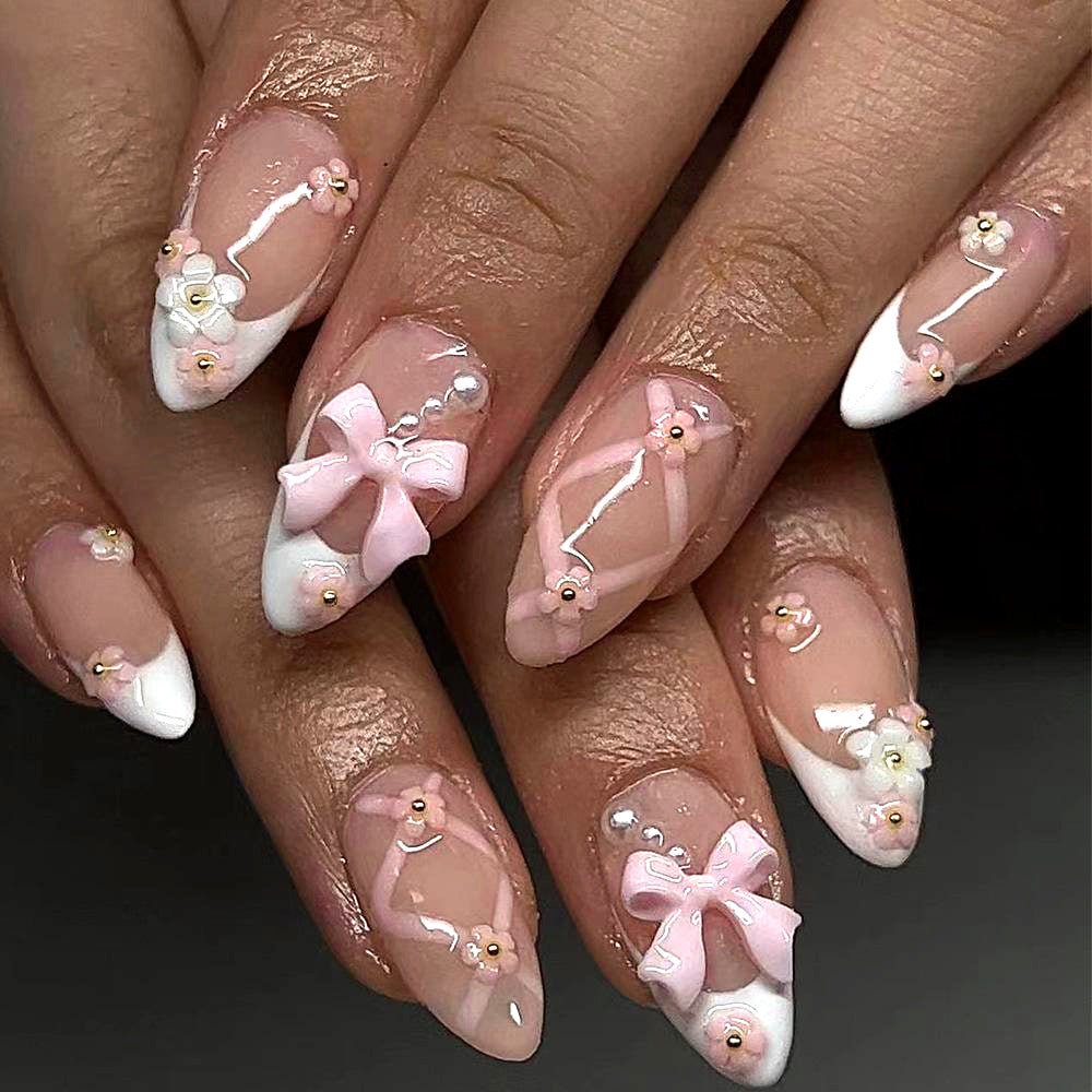 N-330- Bow Pastel - Press On Nail Set Of 24 - Free 24 Pcs Sticker Sheet Included