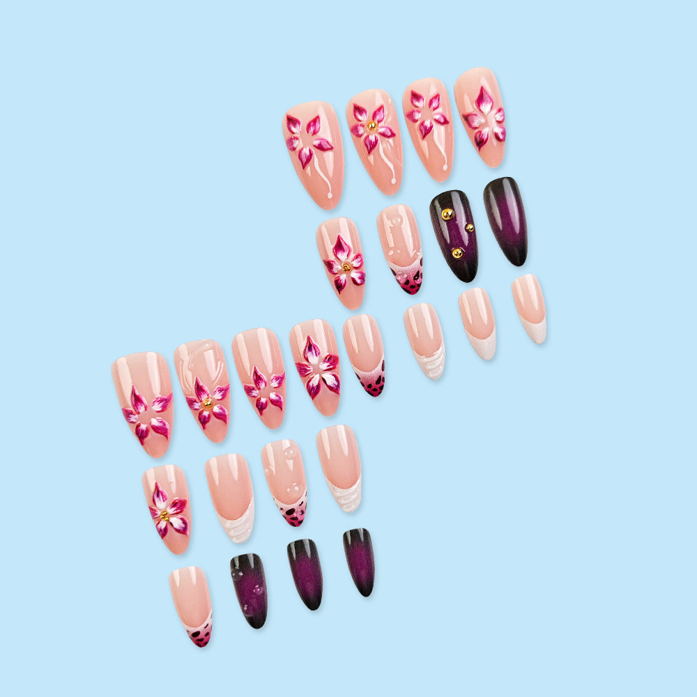 N-325- Beautiful Flowers Shiny - Press On Nail Set Of 24 - Free 24 Pcs Sticker Sheet Included