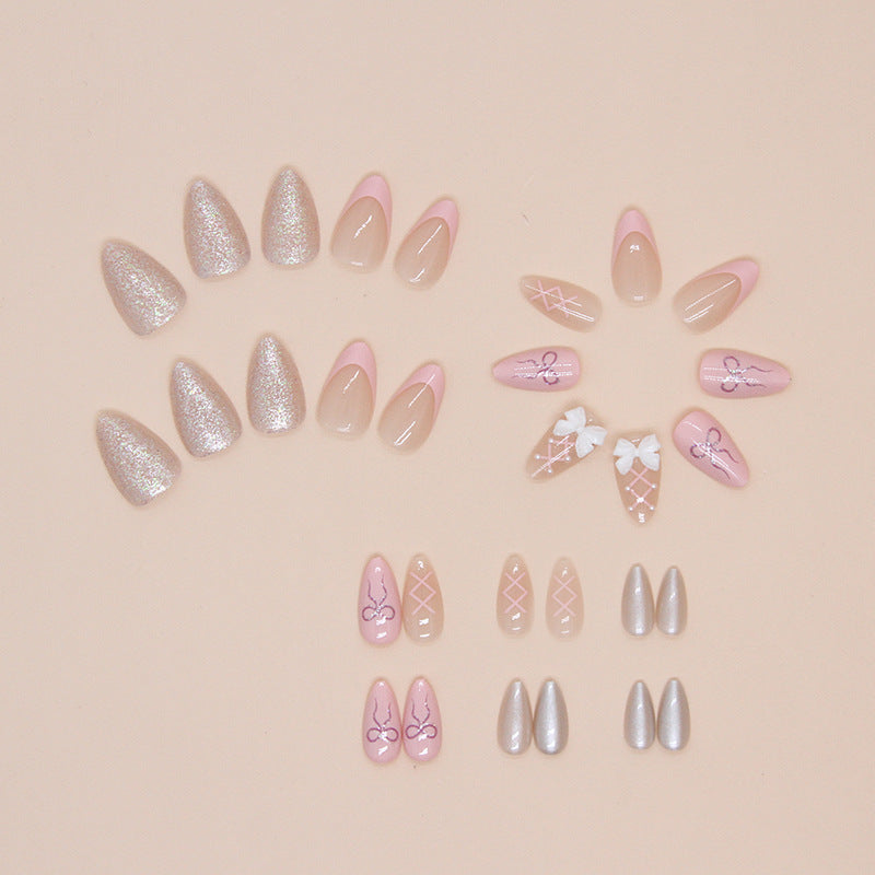 N-258 - Pastel Pink Bow - Press On Nail Set Of 24 - Free 24 Pcs Sticker Sheet Included