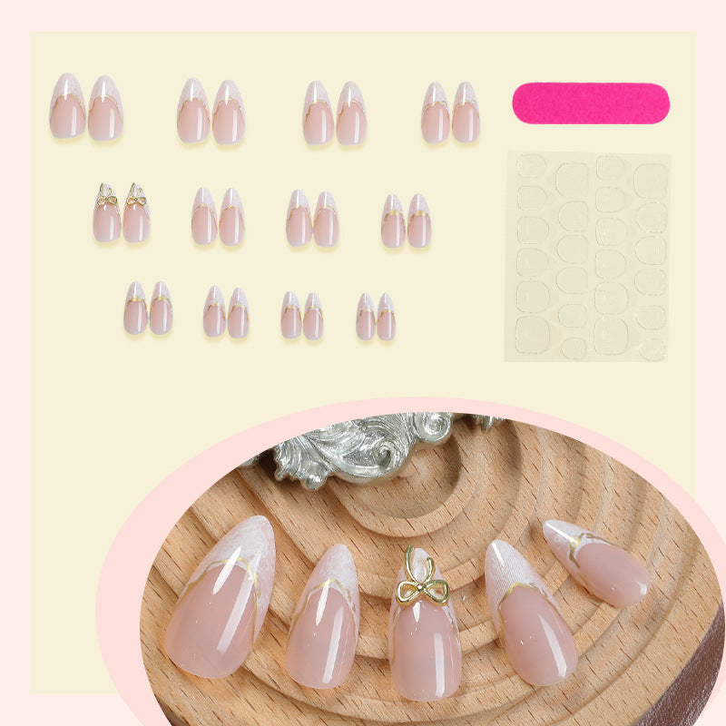 N-385 - Pink & Gold Bow - Press On Nail Set Of 24 - Free 24 Pcs Sticker Sheet Included