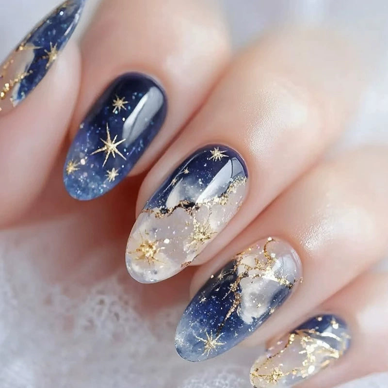 N-307 - Gold Foil Dream & Stars - Print Press On Nail Set Of 24 - Free 24 Pcs Sticker Sheet Included