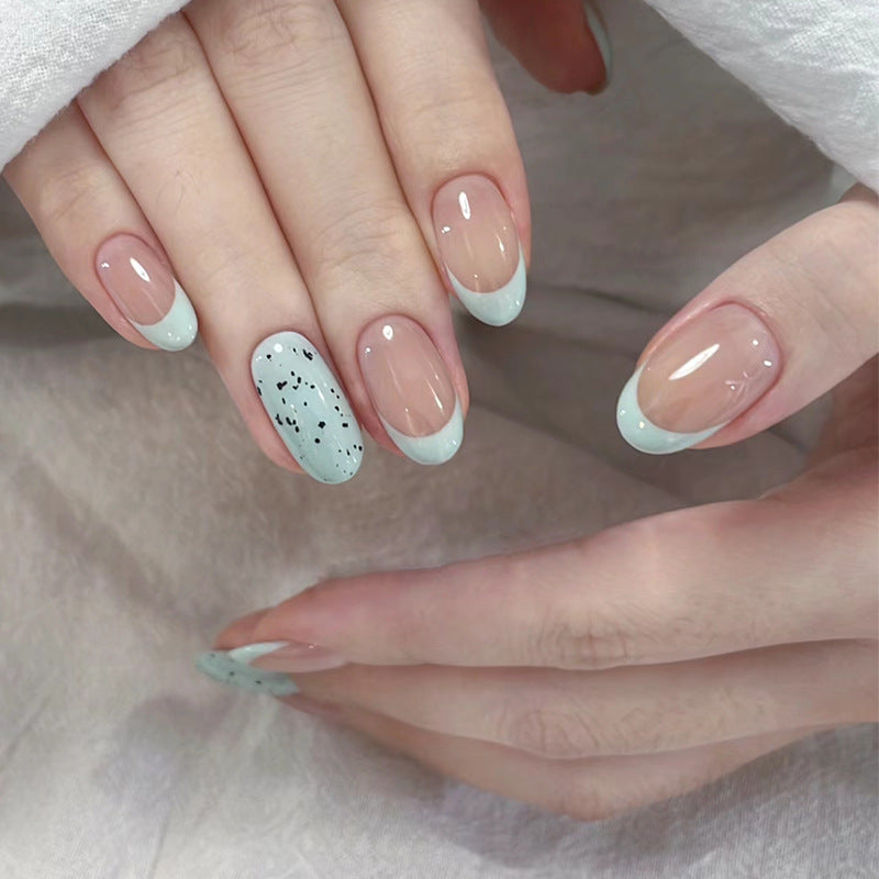 N-463 - Black Dotted Mint & Pink - Press On Nail Set Of 24 - Free 24 Pcs Sticker Sheet Included