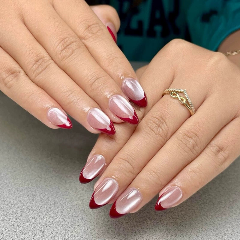 N-484 - Retro Red French Shiny - Press On Nail Set Of 24 - Free 24 Pcs Sticker Sheet Included