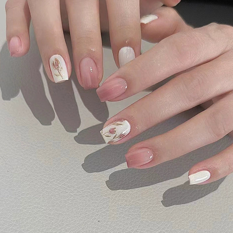 N-371 -Pink Tulip Flower - Print Press On Nail Set Of 24 - Free 24 Pcs Sticker Sheet Included