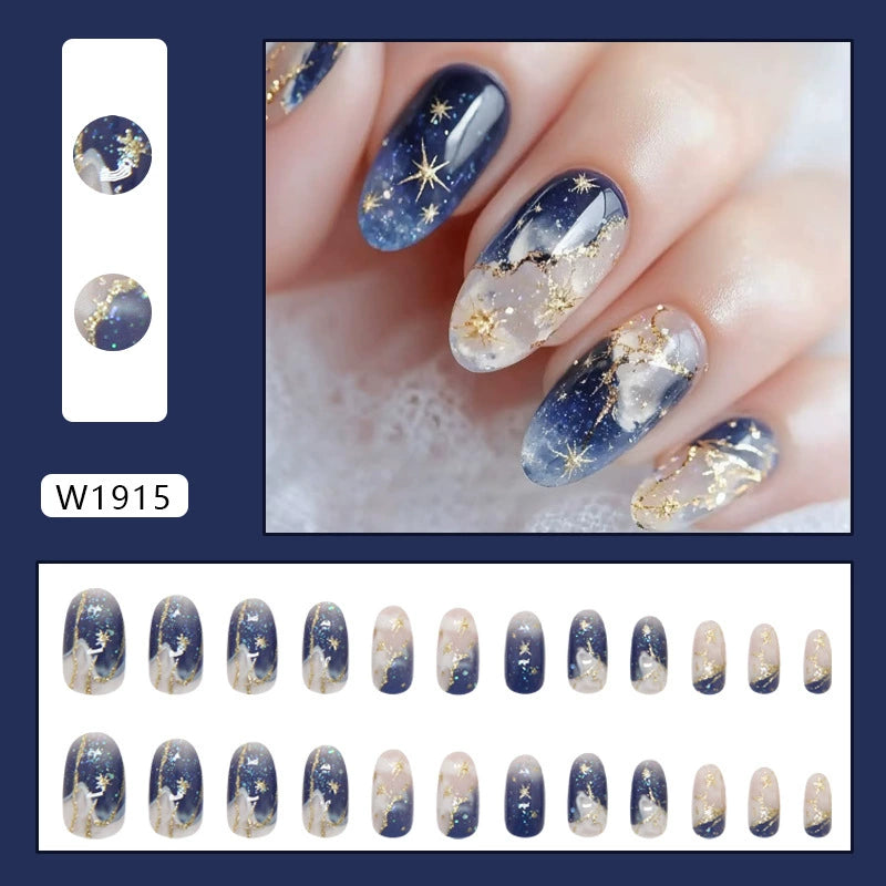 N-307 - Gold Foil Dream & Stars - Print Press On Nail Set Of 24 - Free 24 Pcs Sticker Sheet Included