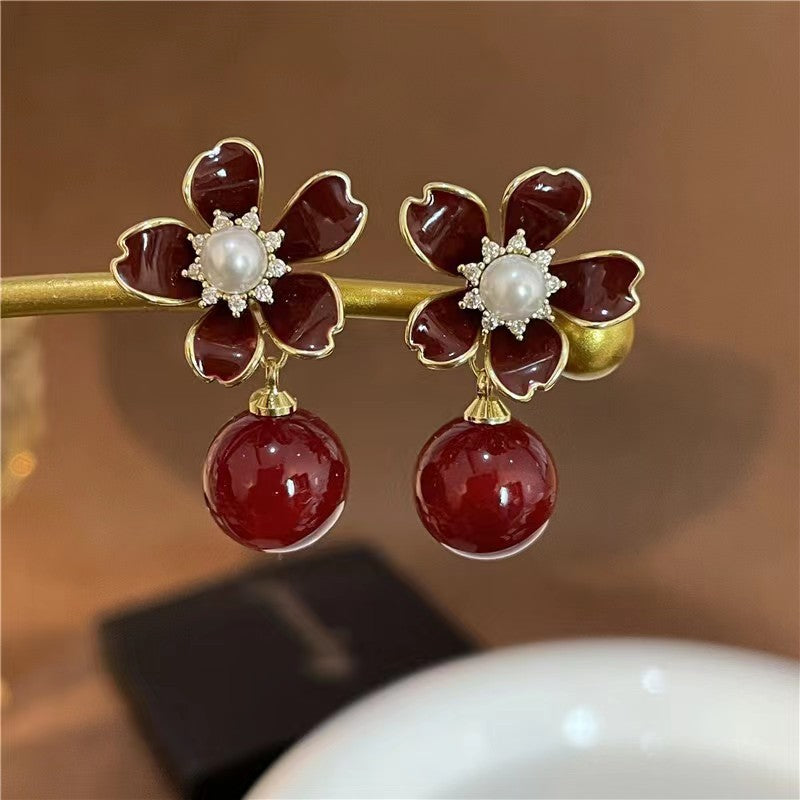 UNI-12125 - Maroon Pearly Flower - Earring