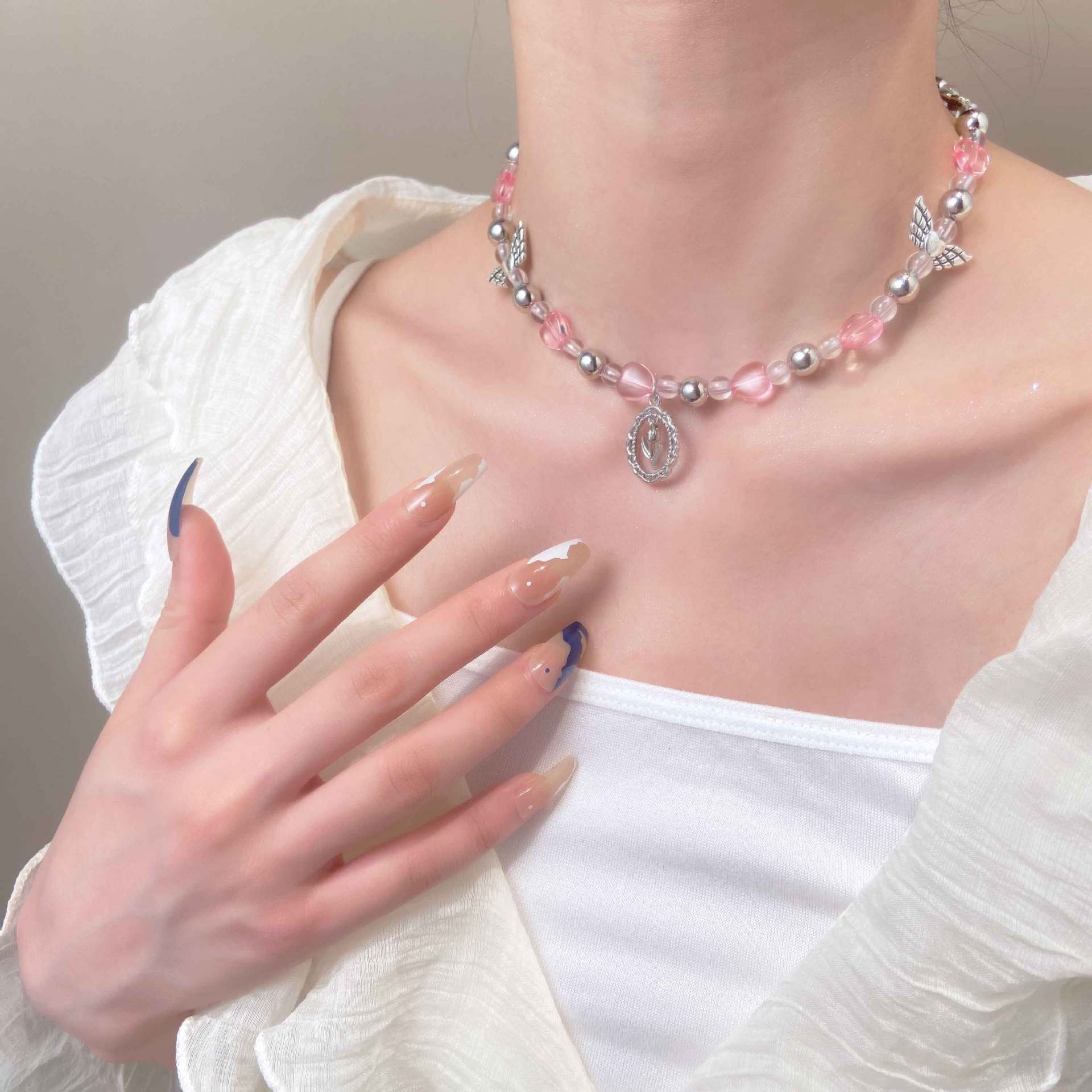 UNI-10976-5 - Fancy Beads & Silver Flower - Necklace