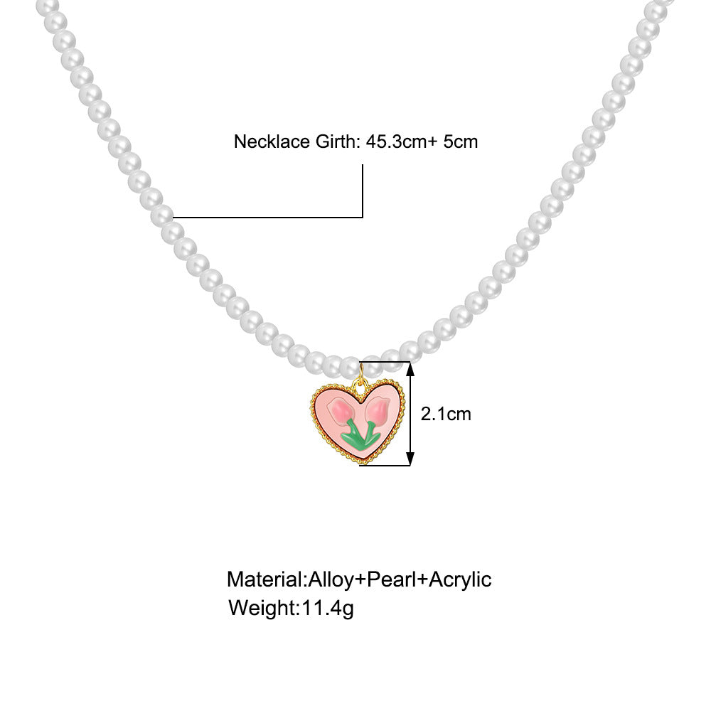 UNI-10656 - Pearls & Pink Flower Heart - Necklace