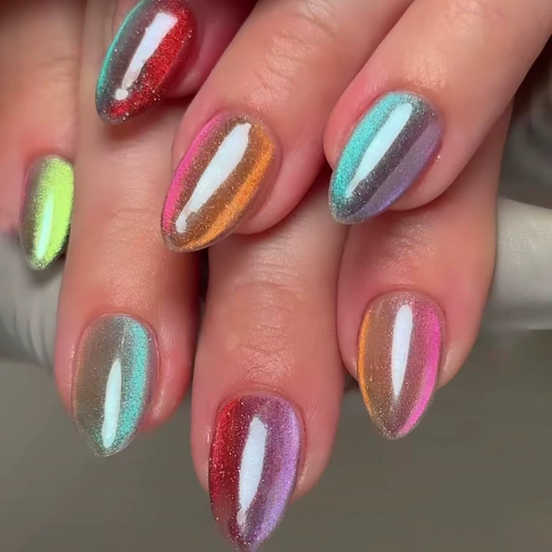 N-454 - Rainbow Shiny - Press On Nail Set Of 24 - Free 24 Pcs Sticker Sheet Included