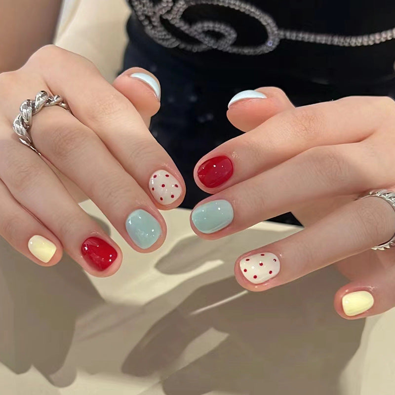 N-273 -Red Polka & Mix - Press On Nail Set Of 24 - Free 24 Pcs Sticker Sheet Included