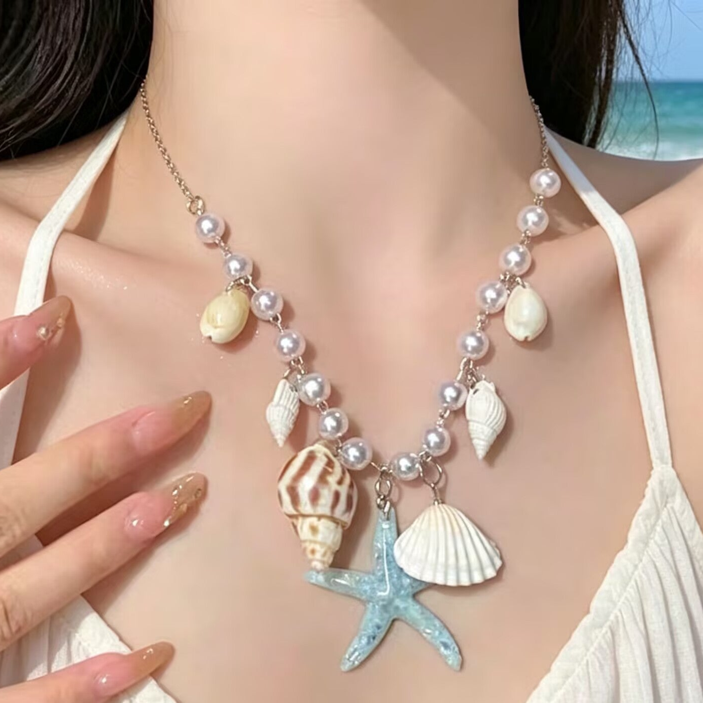 UNI-10977-6 - Pearly Star Fish Sea Shell Charms - Necklace