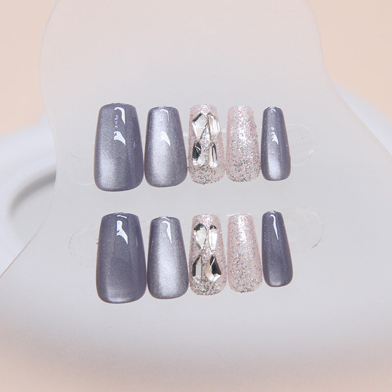 N-264 - Glacier & Crystal Diamonds- Press On Nail Set Of 24 - Free 24 Pcs Sticker Sheet Included