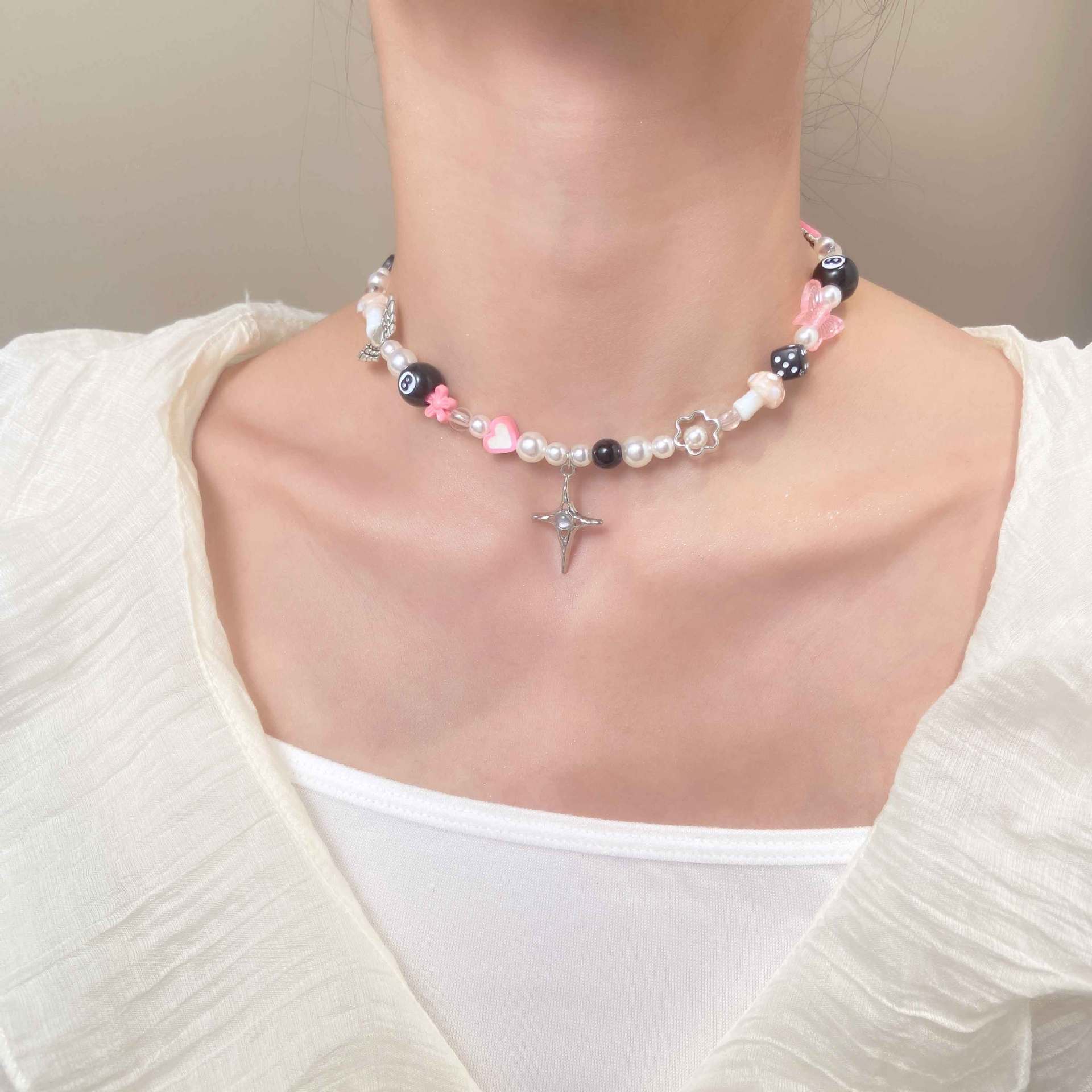 UNI-10976-3 - Fancy Beads & Silver Charm - Necklace