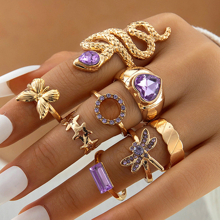 UNI-10770-2 - Gold Snake Purple Diamond - Ring Set Of 8