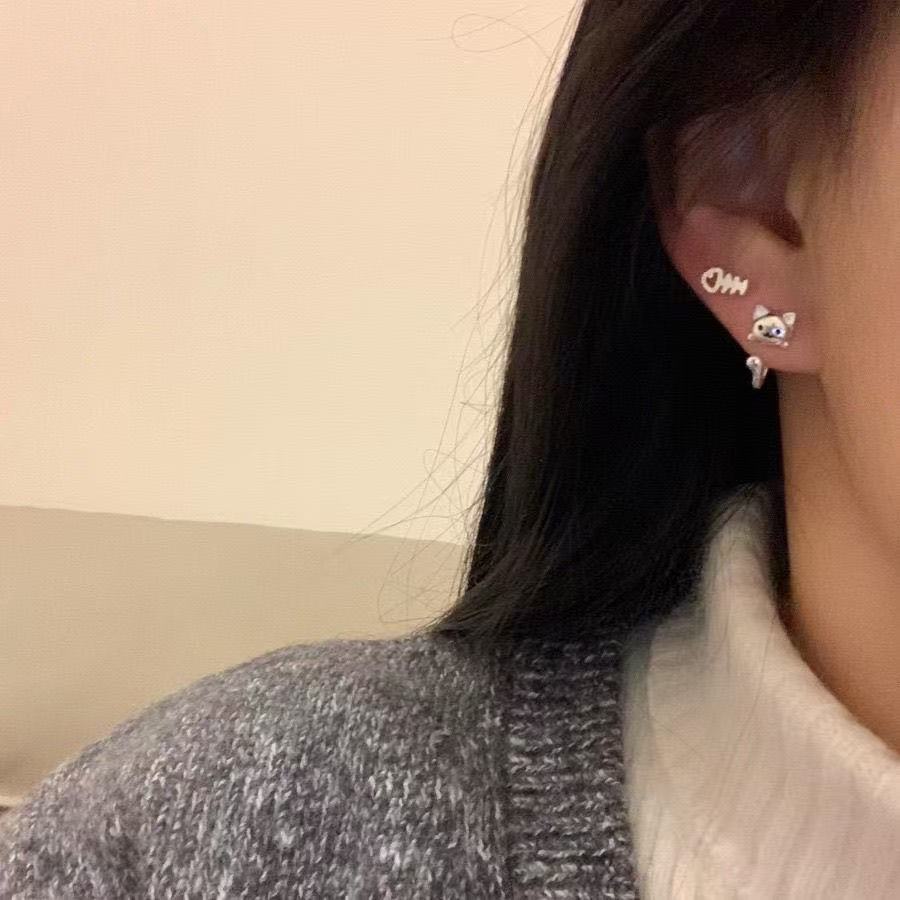 UNI-11588 - Silver Cat & Fish - Ear Studs Set Of 3