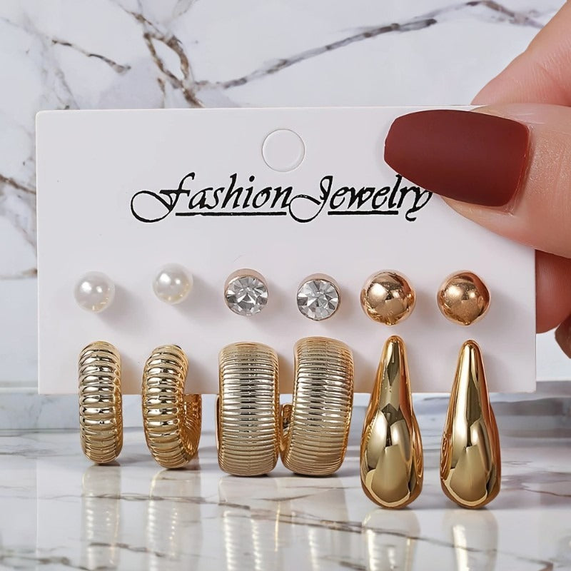 UNI-12041 -Classy Diamond & Gold Foil Series Hoop - Earrings Set Style 1