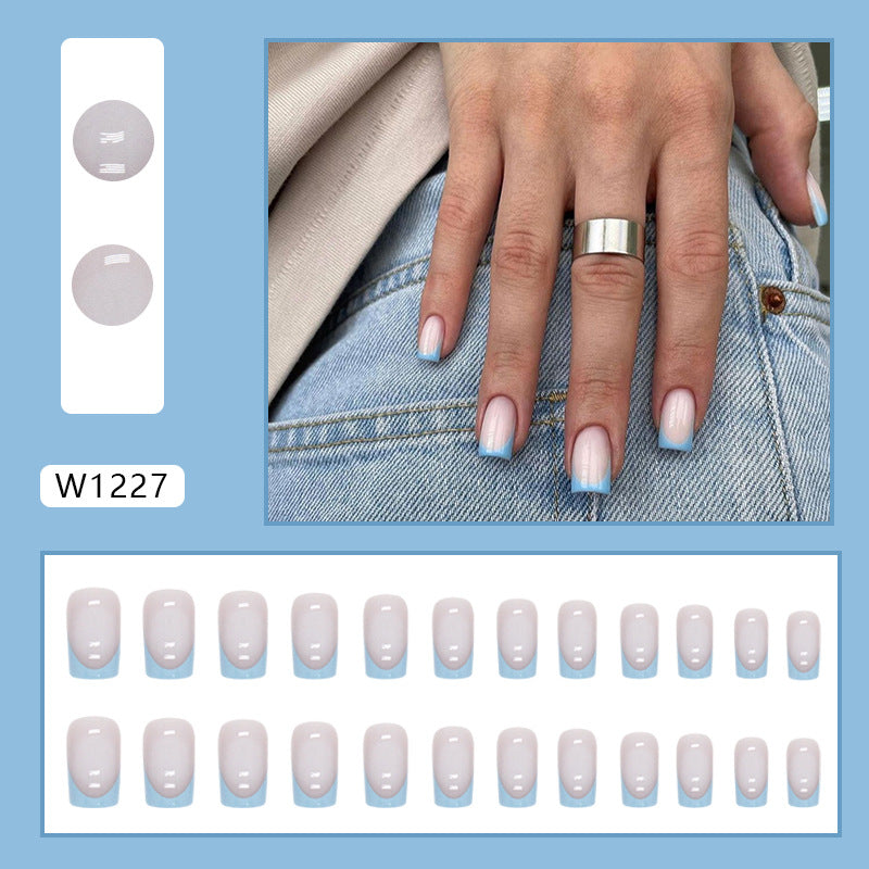 N-503 - Blue & Pink French - Press On Nail Set Of 24 - Free 24 Pcs Sticker Sheet Included