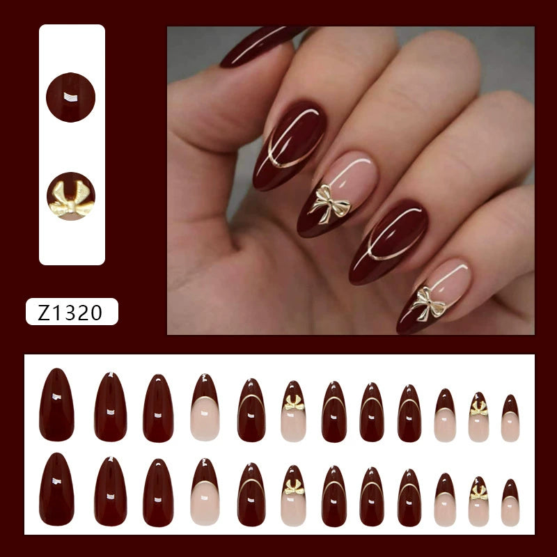 N-350 - Bow Foil Maroon & Pink - Press On Nail Set Of 24 - Free 24 Pcs Sticker Sheet Included