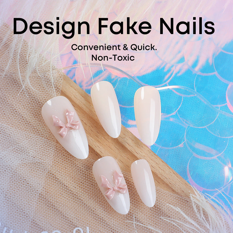 N-219 - White Pastel Bow - Press On Nail Set Of 24 - Free Nail Kit Included