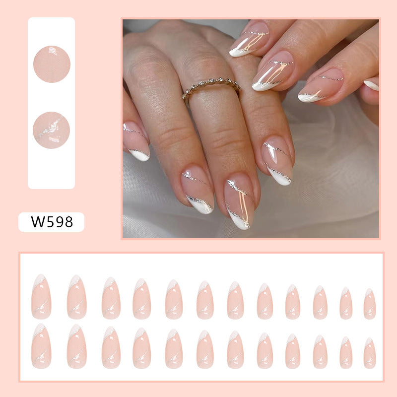 N-363 -Silver Foil Peach - Print Press On Nail Set Of 24 - Free 24 Pcs Sticker Sheet Included