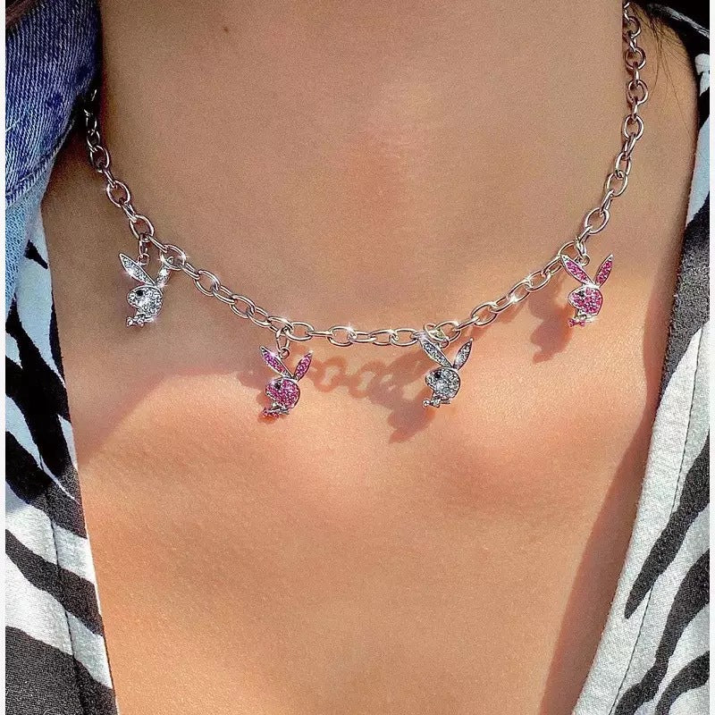 UNI-11225 - Bunny Pink & White Diamond Silver - Necklace