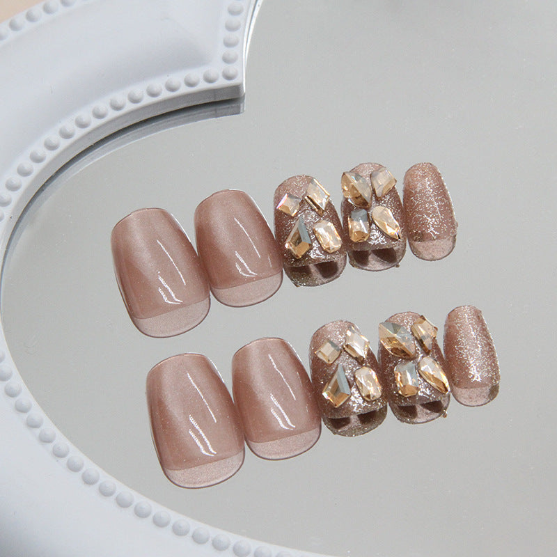 N-162 - Gold Crystal Diamond Pink - Press On Nail Set Of 24