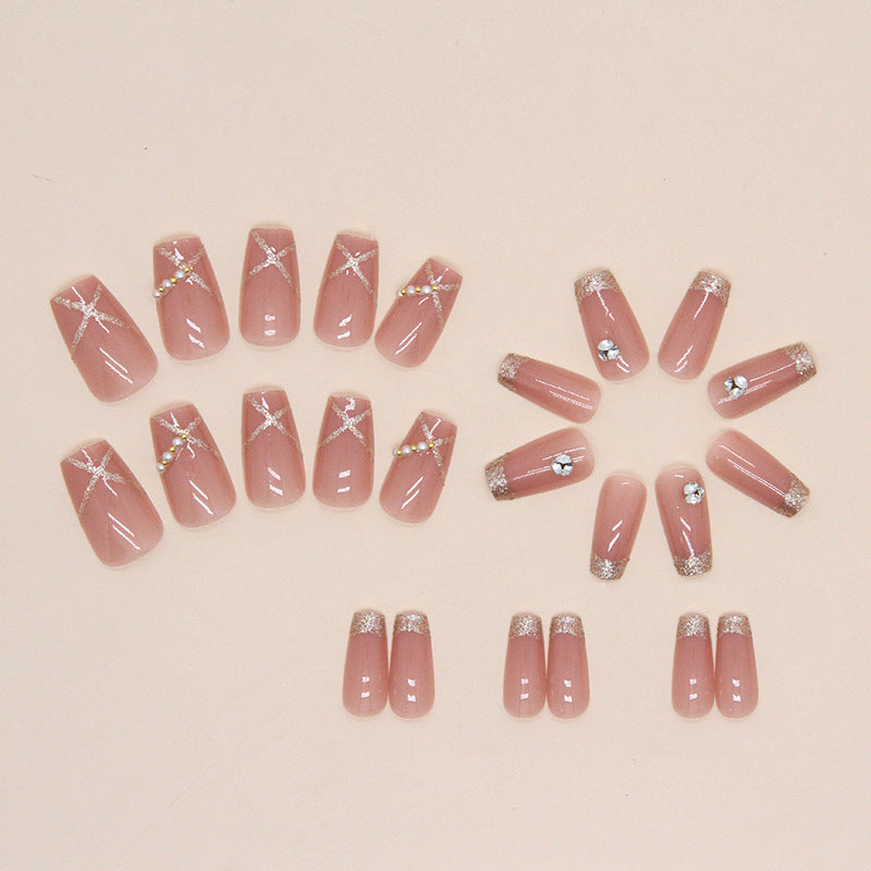 N-391 - Pink Jelly Pearl & Diamond - Press On Nail Set Of 24 - Free 24 Pcs Sticker Sheet Included